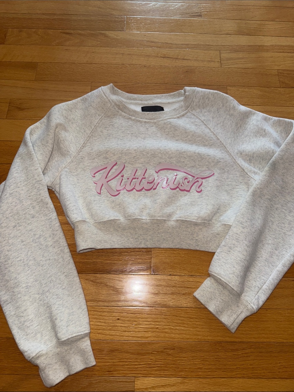 Kittenish Cropped Crewneck Sweatshirt - Light Heather Gray with Pink Logo